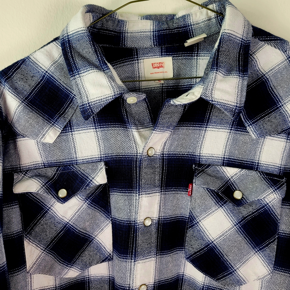 Levi's Blue and White Plaid Casual Button Down Shirt